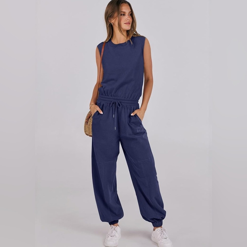 Sleeveless Jumpsuits Casual lDrawstring Romper One Piece Outfits with Pockets